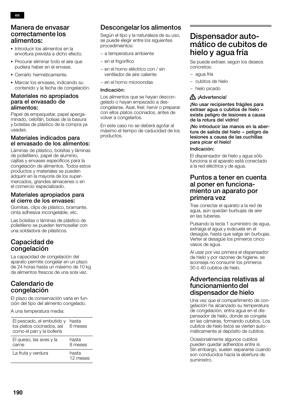 Manera de envasar correctamente los alimentos, Capacidad de congelación, Calendario de congelación | Descongelar los alimentos | Neff K3990X7 User Manual | Page 190 / 263
