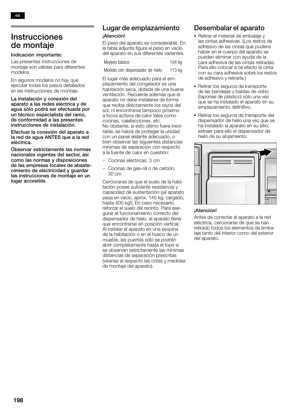 Instrucciones de montaje, Lugar de emplazamiento, Desembalar el aparato | Neff K3990X7 User Manual | Page 198 / 263