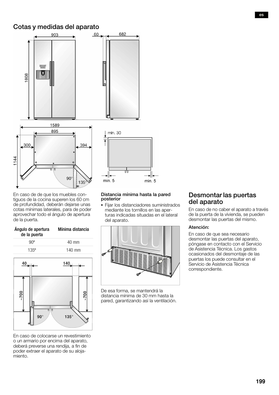 Cotas y medidas del aparato, Desmontar las puertas del aparato | Neff K3990X7 User Manual | Page 199 / 263