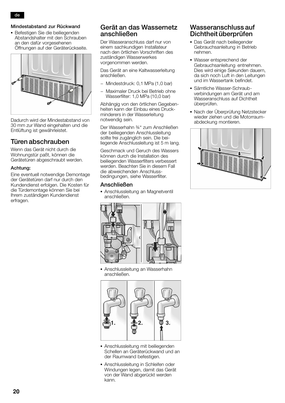 Türen abschrauben, Gerät an das wassernetz anschließen, Wasseranschluss auf dichtheit überprüfen | Neff K3990X7 User Manual | Page 20 / 263