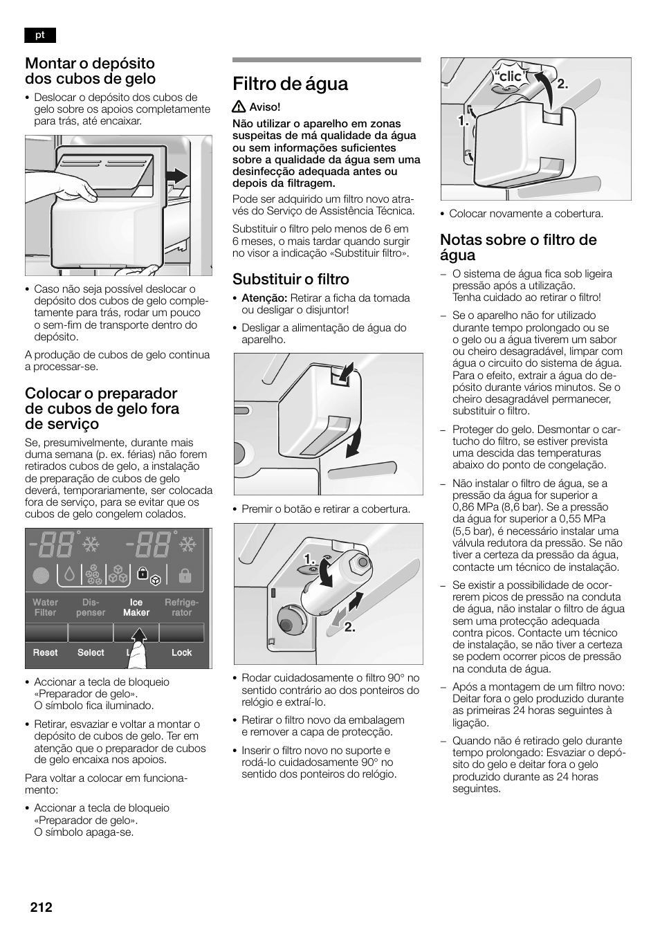 Filtro de água, Montar o depósito dos cubos de gelo, Substituir o filtro | Notas sobre o filtro de água | Neff K3990X7 User Manual | Page 212 / 263