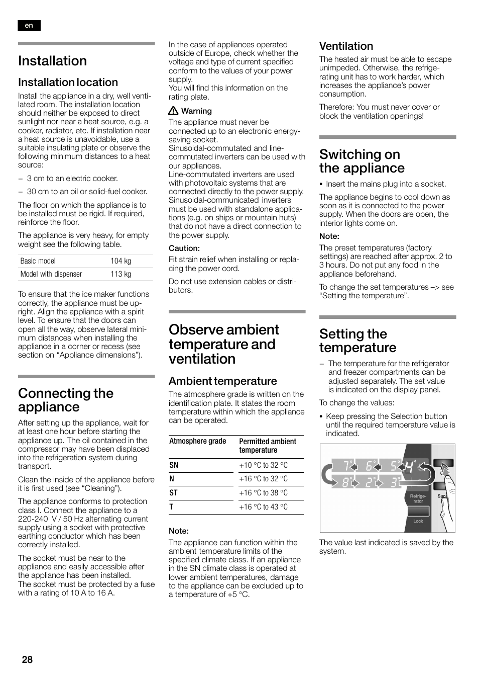 Observe ambient temperature and ventilation, Installation, Connecting the appliance | Switching on the appliance, Setting the temperature, Installation location, Ambient temperature, Ventilation | Neff K3990X7 User Manual | Page 28 / 263