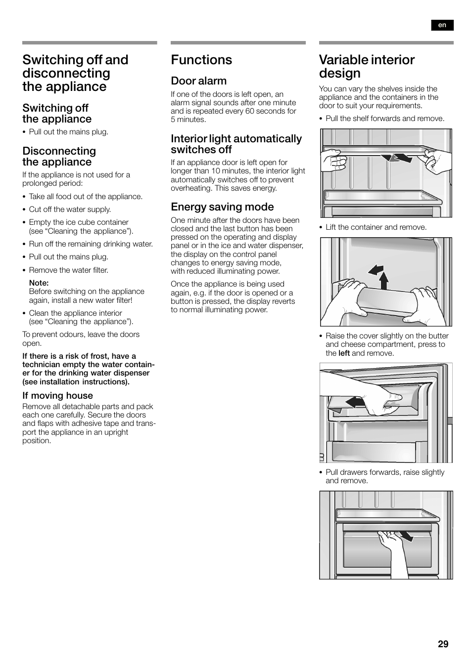 Switching off and disconnecting the appliance, Functions, Variable interior design | Switching off the appliance, Disconnecting the appliance, Door alarm, Interior light automatically switches off, Energy saving mode | Neff K3990X7 User Manual | Page 29 / 263