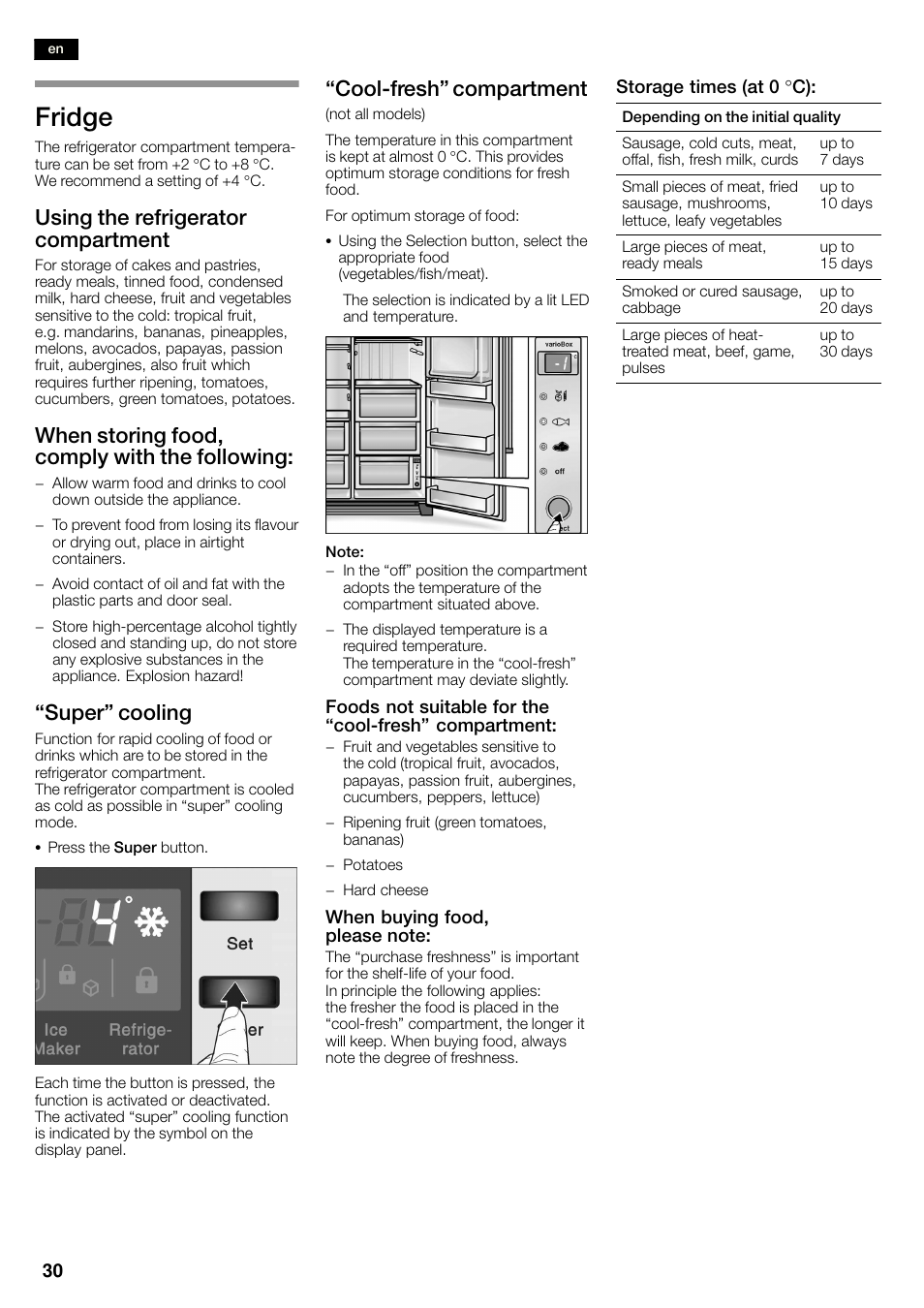 Fridge, Using the refrigerator compartment, When storing food, comply with the following | Super" cooling, Coolćfresh" compartment | Neff K3990X7 User Manual | Page 30 / 263
