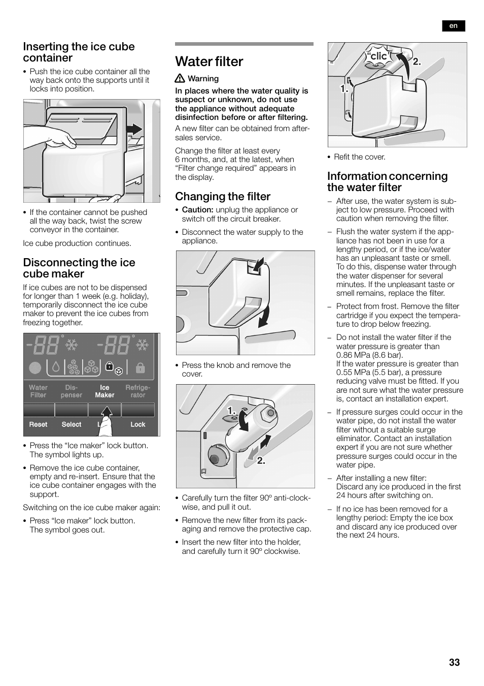 Water filter, Inserting the ice cube container, Disconnecting the ice cube maker | Changing the filter, Information concerning the water filter | Neff K3990X7 User Manual | Page 33 / 263