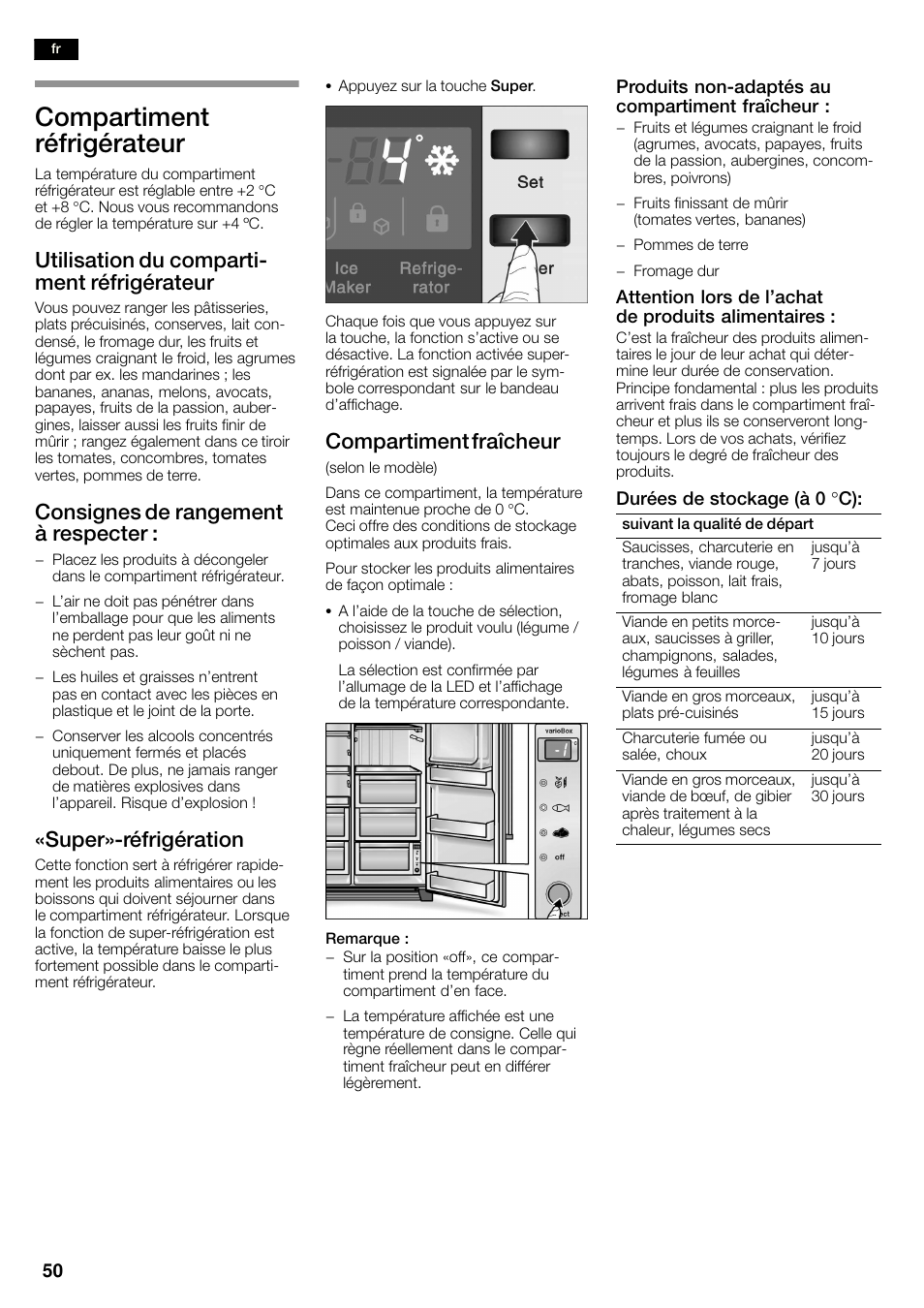Compartiment réfrigérateur, Utilisation du compartić ment réfrigérateur, Consignes de rangement à respecter | Super»ćréfrigération, Compartiment fraîcheur | Neff K3990X7 User Manual | Page 50 / 263