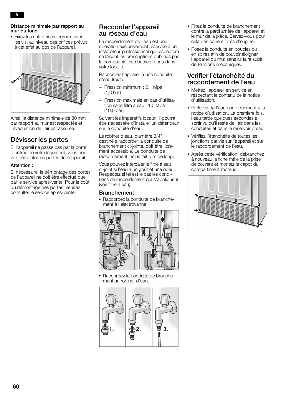 Dévisser les portes, Raccorder l'appareil au réseau d'eau, Vérifier l'étanchéité du raccordement de l'eau | Neff K3990X7 User Manual | Page 60 / 263