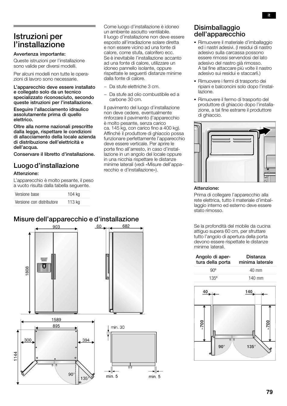 Istruzioni per l'installazione, Luogo d'installazione, Disimballaggio dell'apparecchio | Misure dell'apparecchio e d'installazione | Neff K3990X7 User Manual | Page 79 / 263