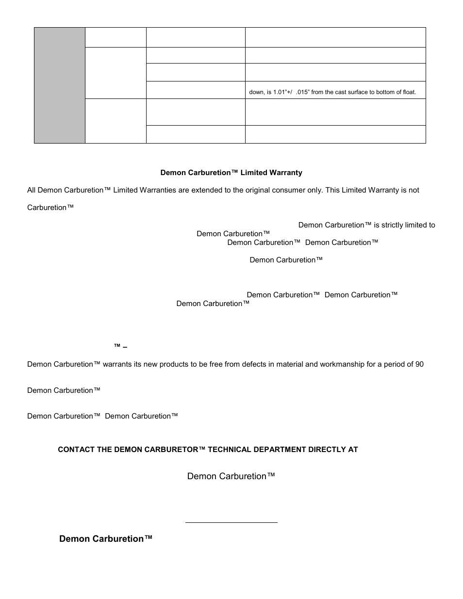 Demon carburetion™ limited warranty | Demon Fuel Systems 1902 User Manual | Page 20 / 20