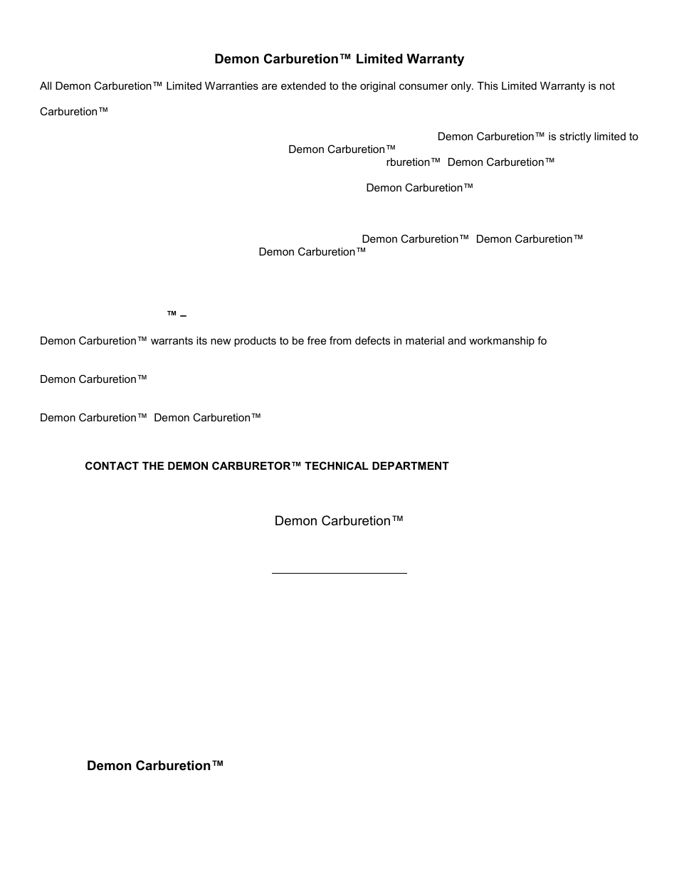 Demon carburetion™ limited warranty | Demon Fuel Systems 1905 User Manual | Page 20 / 20