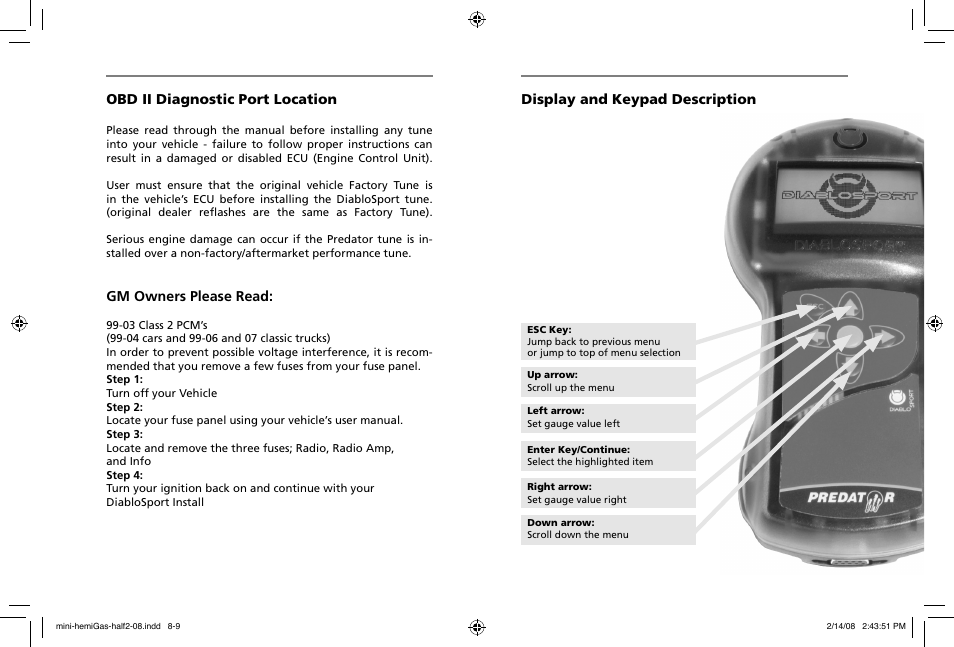 Display and keypad description, Obd ii diagnostic port location, Gm owners please read | DiabloSport Predator User Manual User Manual | Page 5 / 9