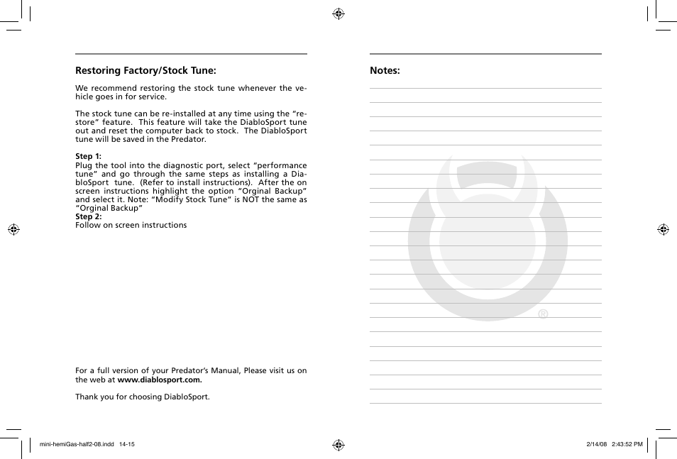 Restoring factory/stock tune | DiabloSport Predator User Manual User Manual | Page 8 / 9