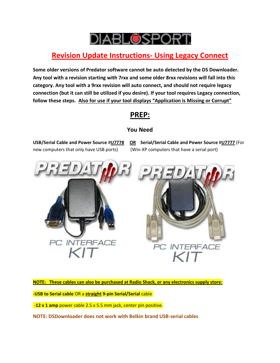 DiabloSport Predator Revision Update Instructions - Using Legacy Connect User Manual | 15 pages