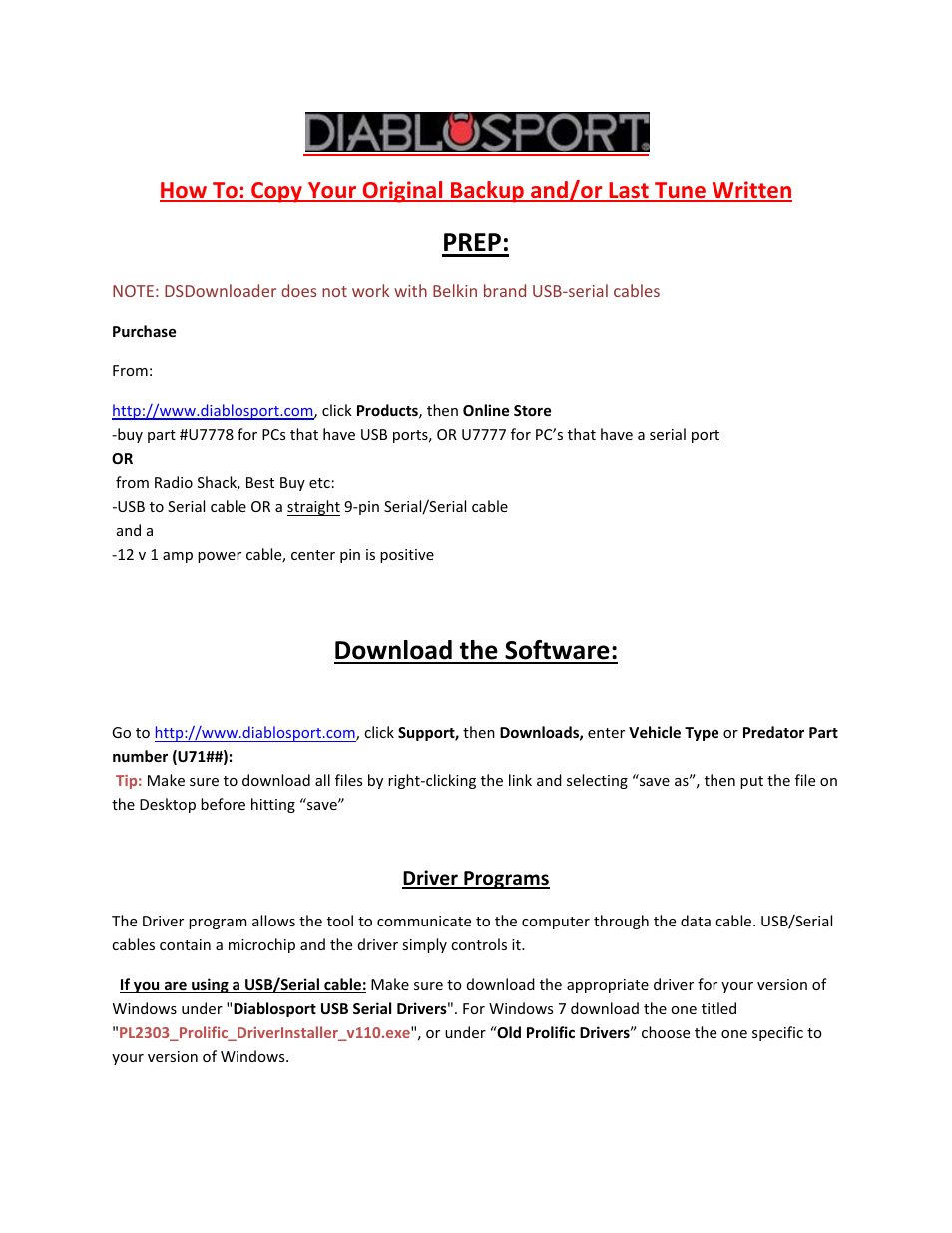 DiabloSport Trinity How To: Copy Your Original Backup and/or Last Tune Written User Manual | 4 pages