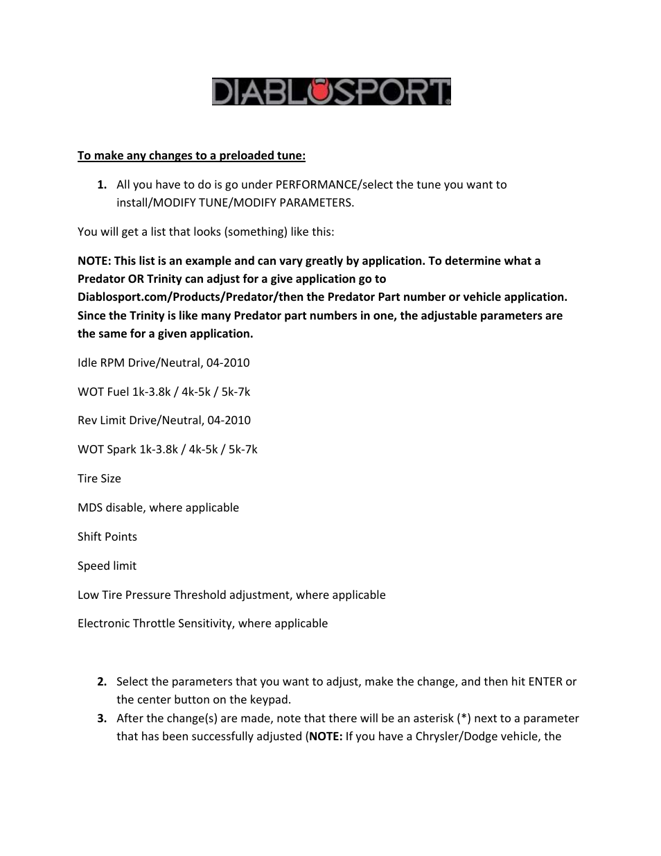 DiabloSport Trinity How to adjust parameters User Manual | 2 pages
