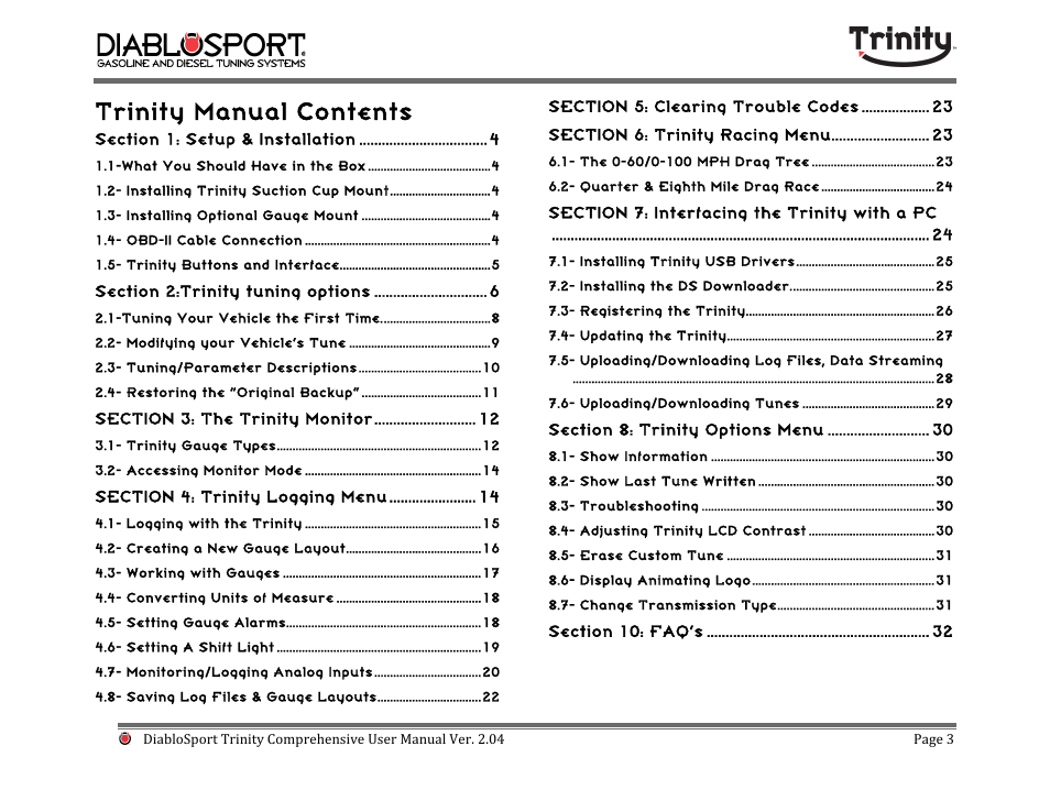 Trinity manual contents | DiabloSport Trinity T-1000 Comprehensive User Manual User Manual | Page 3 / 33