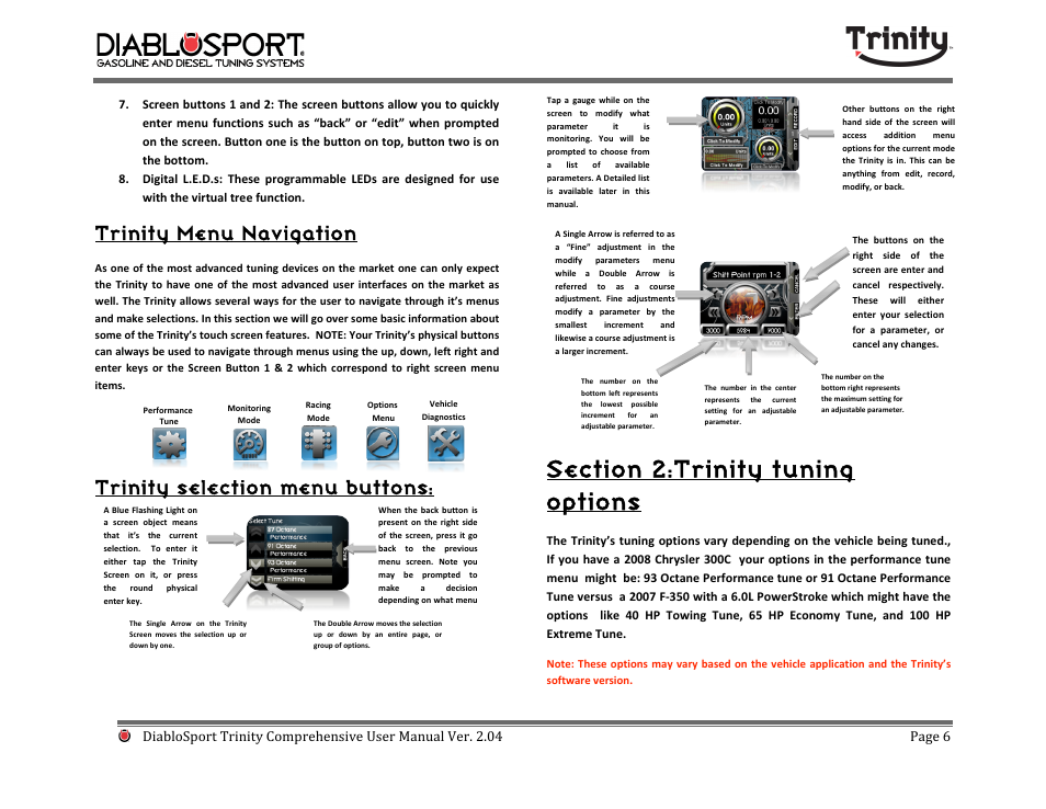 Trinity menu navigation, Trinity selection menu buttons | DiabloSport Trinity T-1000 Comprehensive User Manual User Manual | Page 6 / 33