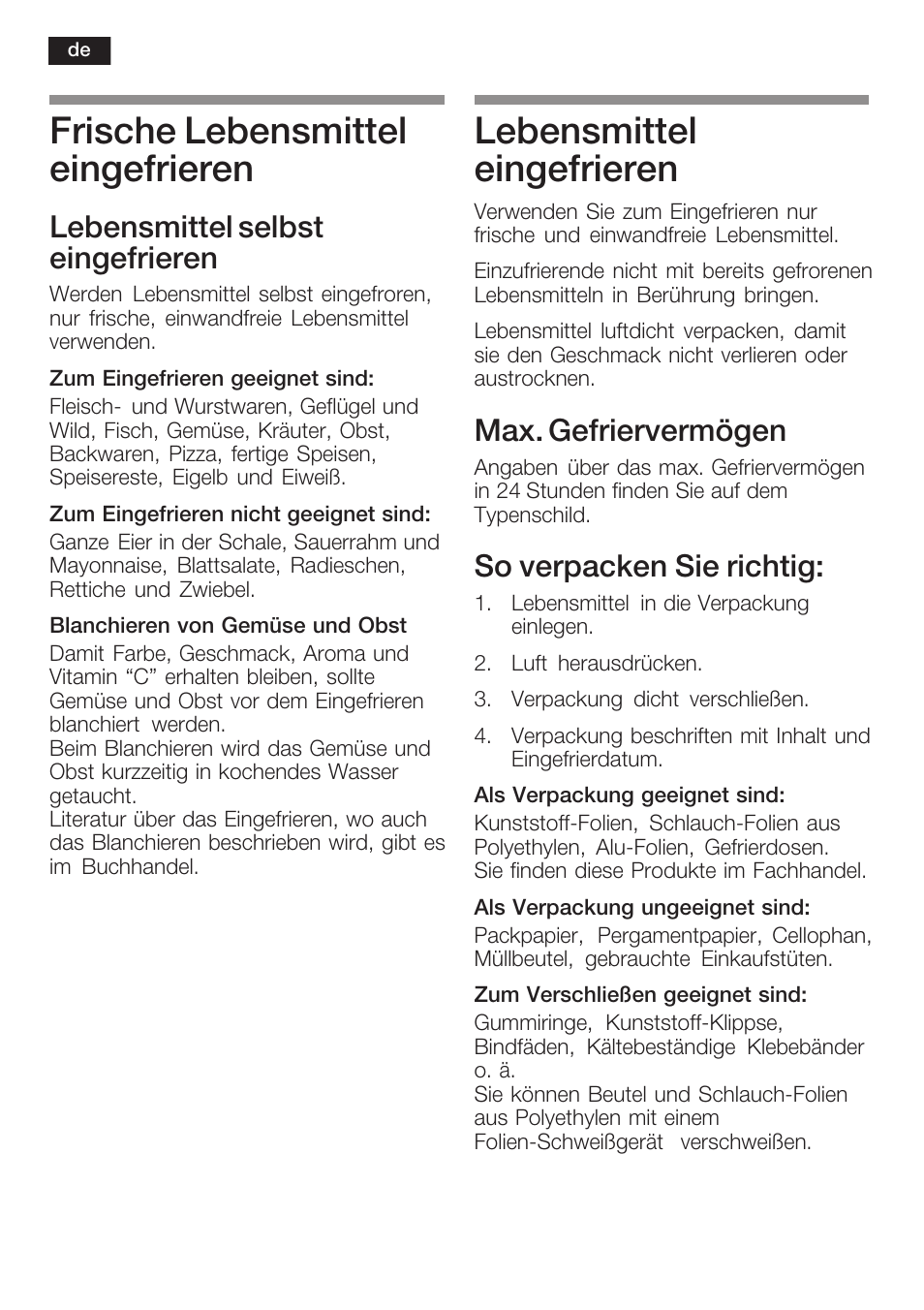 Frische lebensmittel eingefrieren, Lebensmittel eingefrieren, Lebensmittel selbst eingefrieren | Max. gefriervermögen, So verpacken sie richtig | Neff K6634X9  EU User Manual | Page 14 / 95