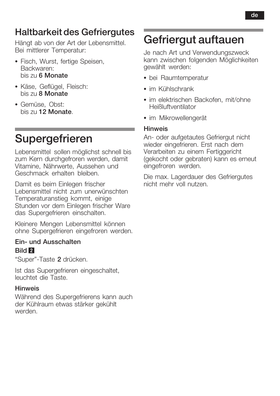 Supergefrieren, Gefriergut auftauen, Haltbarkeit des gefriergutes | Neff K6634X9  EU User Manual | Page 15 / 95