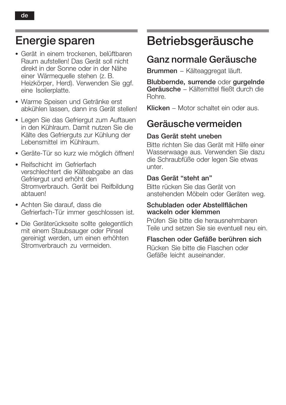 Betriebsgeräusche, Energie sparen, Ganz normale geräusche | Geräusche vermeiden | Neff K6634X9  EU User Manual | Page 18 / 95