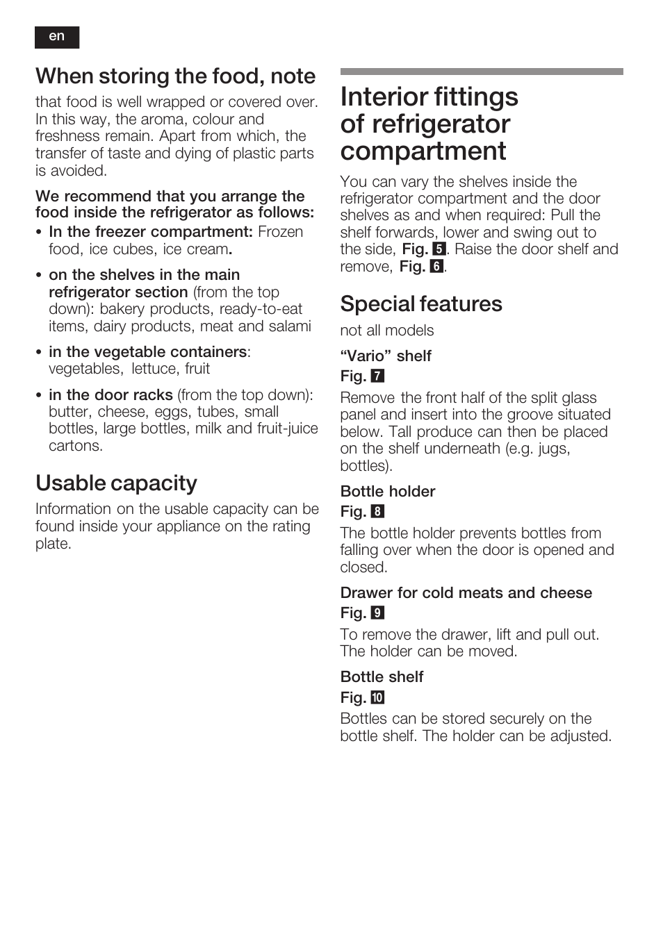 Interior fittings of refrigerator compartment, Usable capacity, Special features | Neff K6634X9  EU User Manual | Page 28 / 95