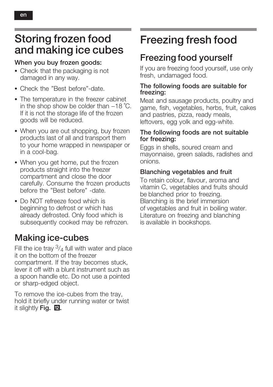 Storing frozen food and making ice cubes, Freezing fresh food, Making icećcubes | Freezing food yourself | Neff K6634X9  EU User Manual | Page 30 / 95