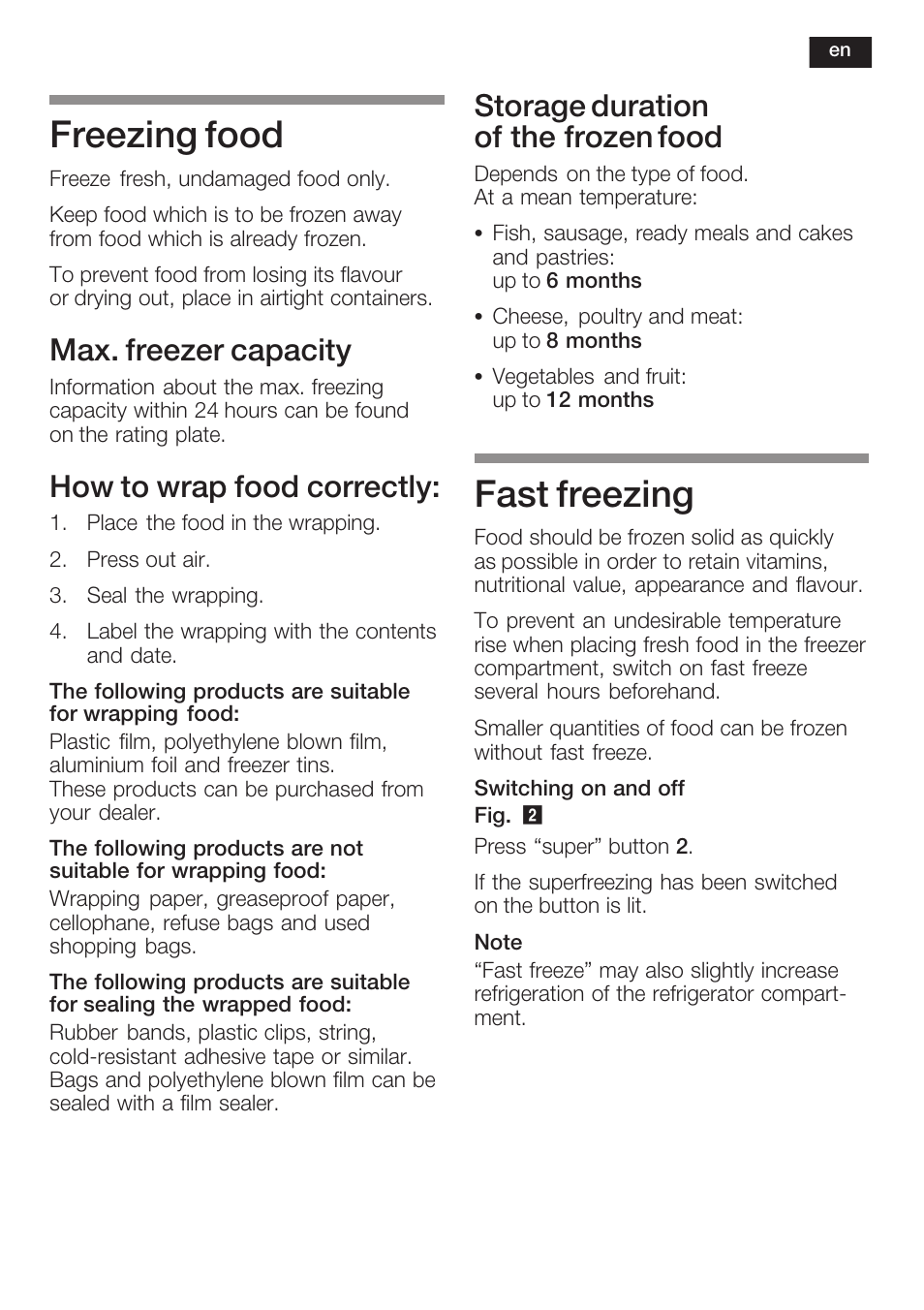 Freezing food, Fast freezing, Max. freezer capacity | How to wrap food correctly, Storage duration of the frozen food | Neff K6634X9  EU User Manual | Page 31 / 95