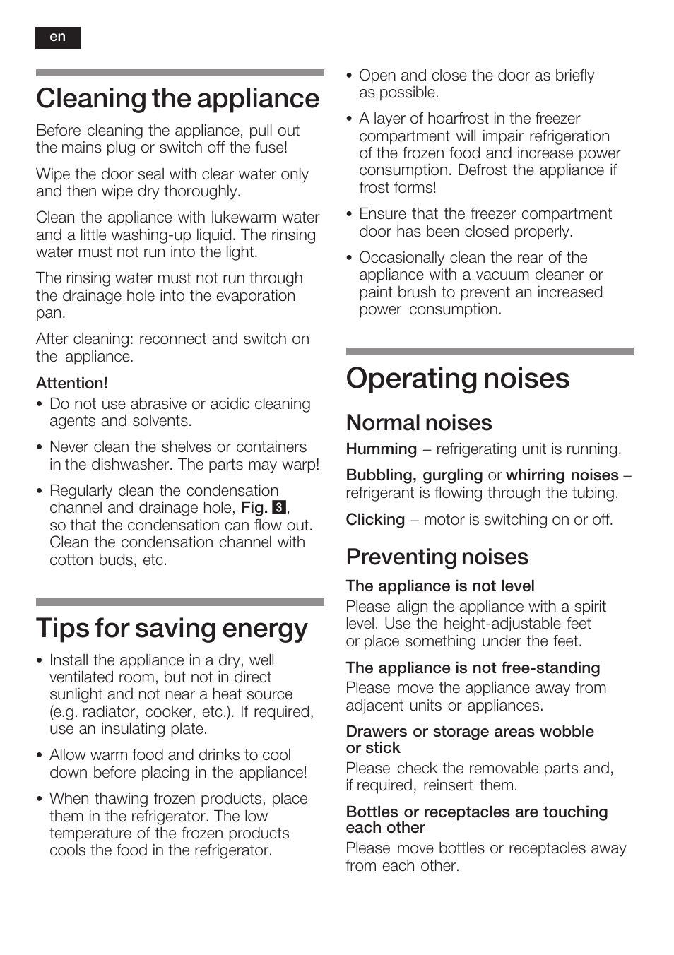 Operating noises, Cleaning the appliance, Tips for saving energy | Normal noises, Preventing noises | Neff K6634X9  EU User Manual | Page 34 / 95
