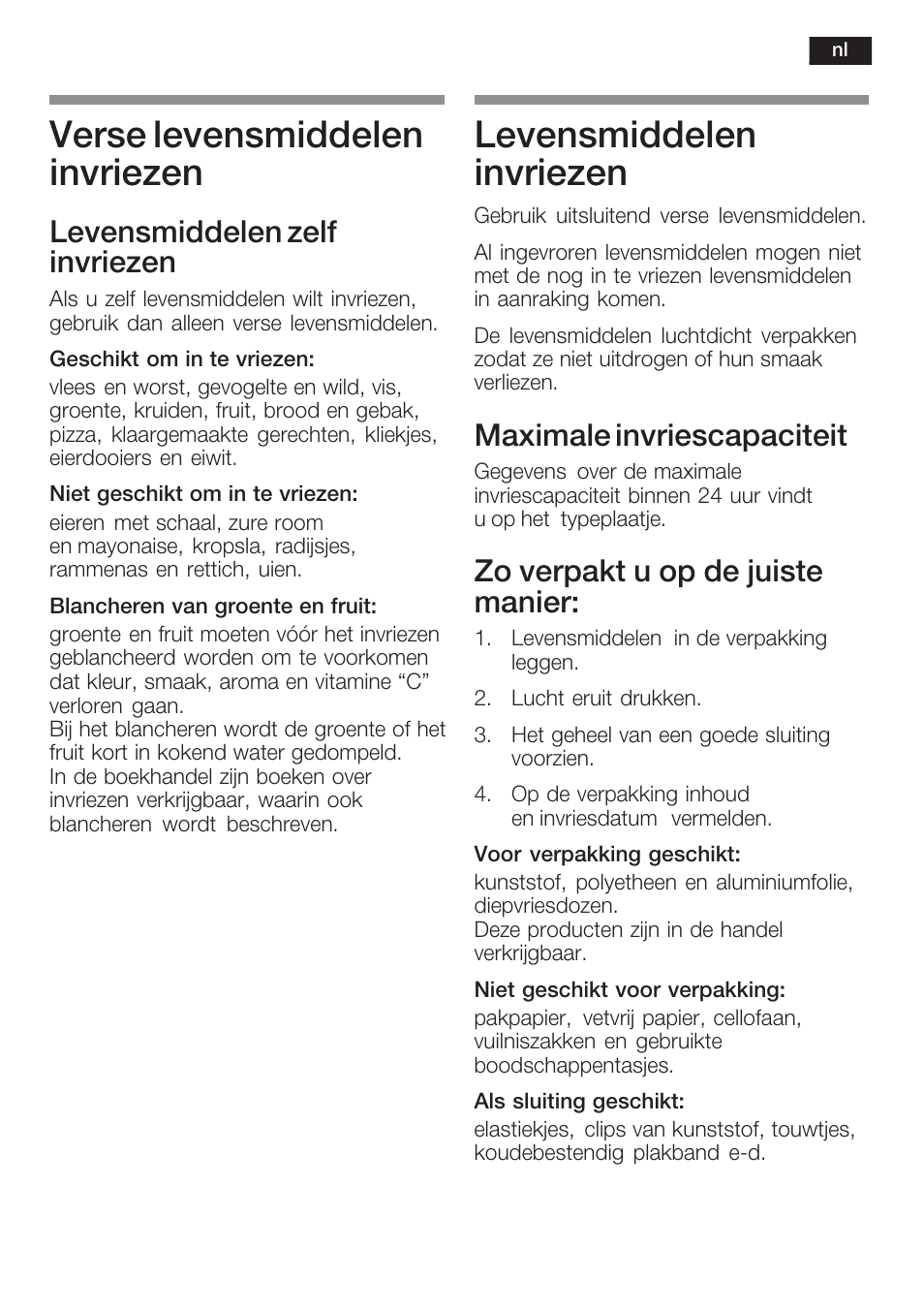 Verse levensmiddelen invriezen, Levensmiddelen invriezen, Levensmiddelen zelf invriezen | Maximale invriescapaciteit, Zo verpakt u op de juiste manier | Neff K6634X9  EU User Manual | Page 83 / 95