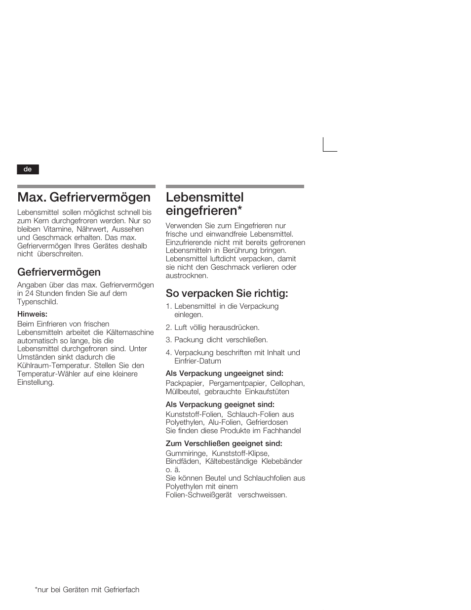 Max. gefriervermögen, Lebensmittel eingefrieren, Gefriervermögen | So verpacken sie richtig | Neff K1555X8 User Manual | Page 10 / 74