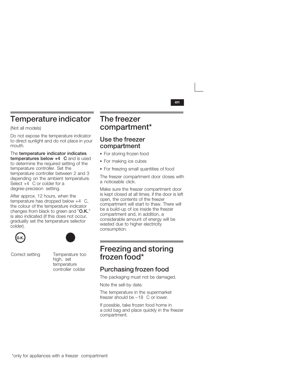 Temperature indicator, The freezer compartment, Freezing and storing frozen food | Use the freezer compartment, Purchasing frozen food | Neff K1555X8 User Manual | Page 21 / 74
