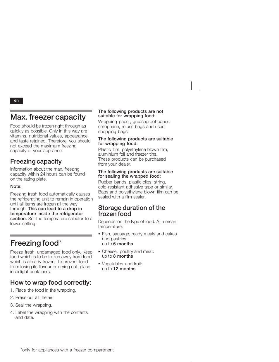Max. freezer capacity, Freezing food, Freezing capacity | How to wrap food correctly, Storage duration of the frozen food | Neff K1555X8 User Manual | Page 22 / 74