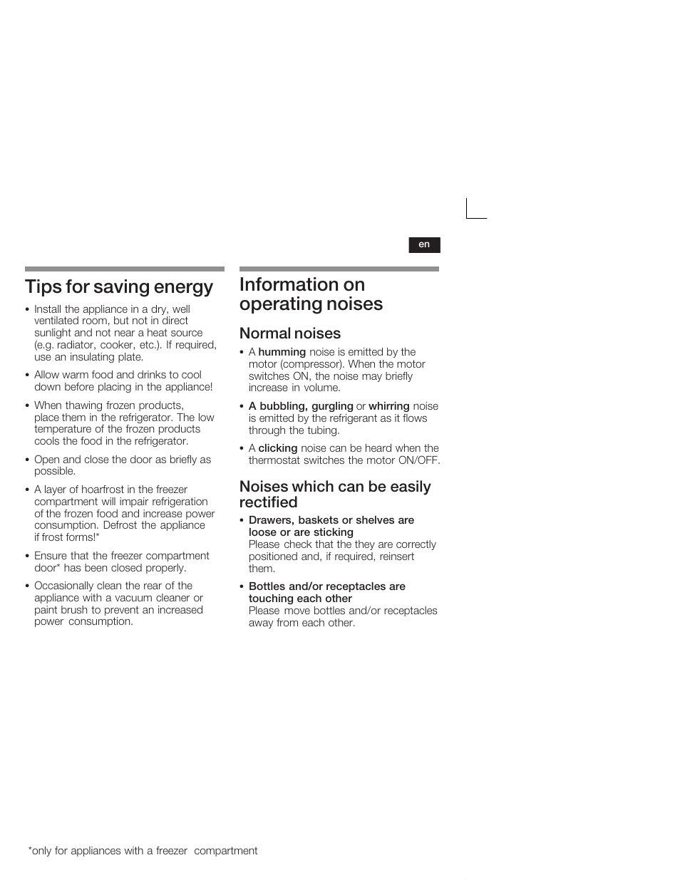 Tips for saving energy, Information on operating noises, Normal noises | Noises which can be easily rectified | Neff K1555X8 User Manual | Page 25 / 74