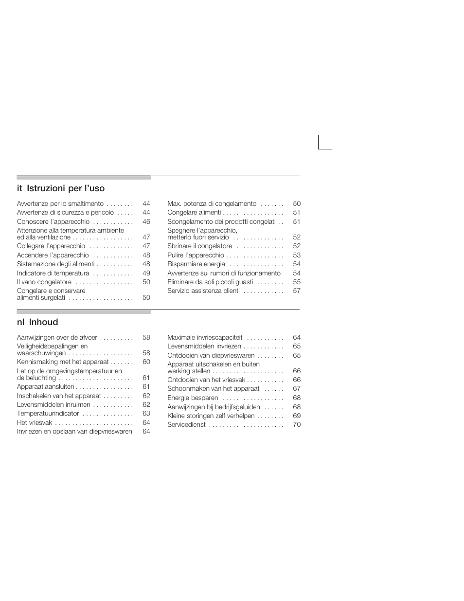 Itąistruzioni per l'uso, Nląinhoud | Neff K1555X8 User Manual | Page 3 / 74