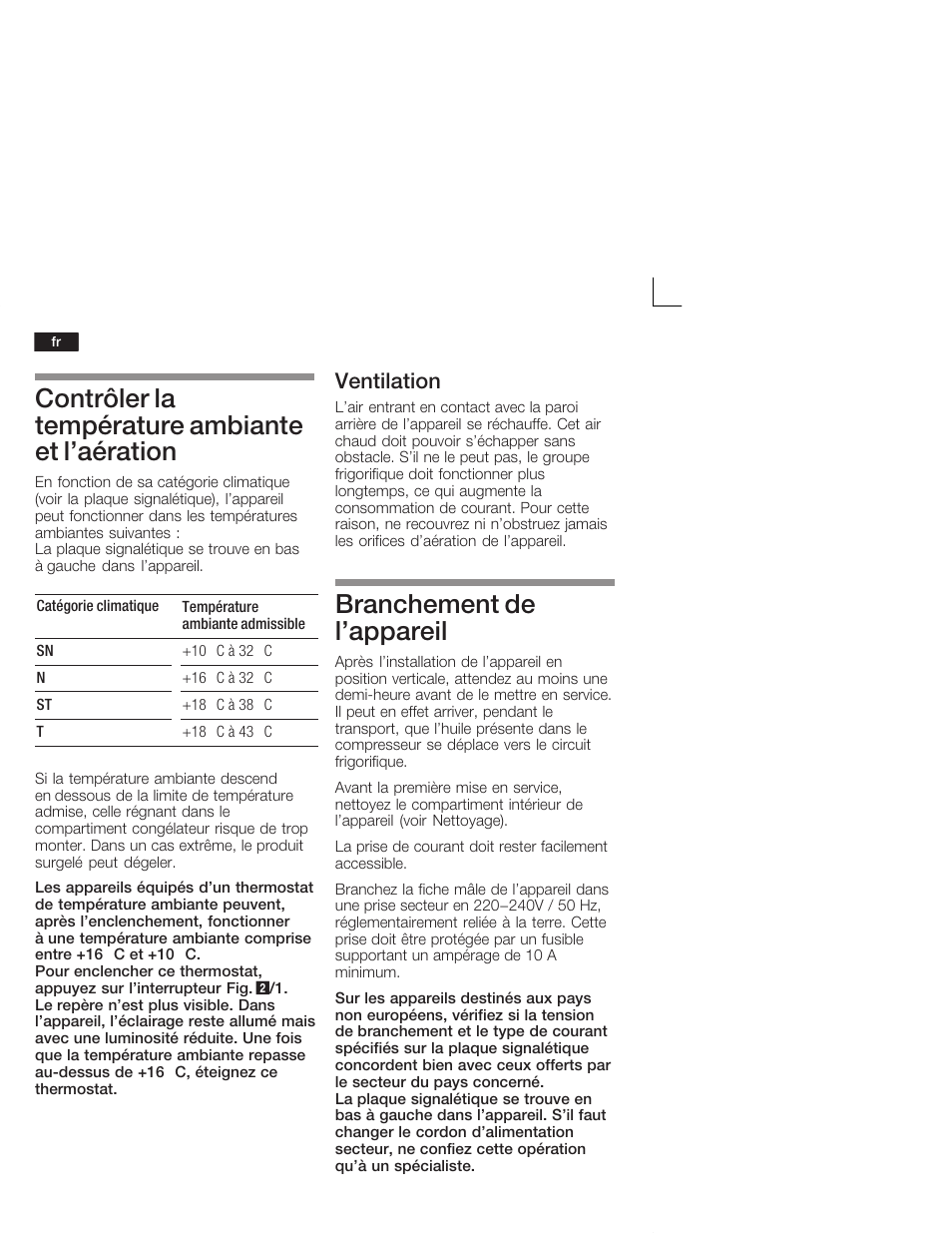 Contrôler la température ambiante et l'aération, Branchement de l'appareil, Ventilation | Neff K1555X8 User Manual | Page 32 / 74