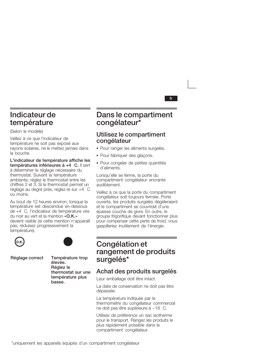 Indicateur de température, Dans le compartiment congélateur, Congélation et rangement de produits surgelés | Utilisez le compartiment congélateur, Achat des produits surgelés | Neff K1555X8 User Manual | Page 35 / 74