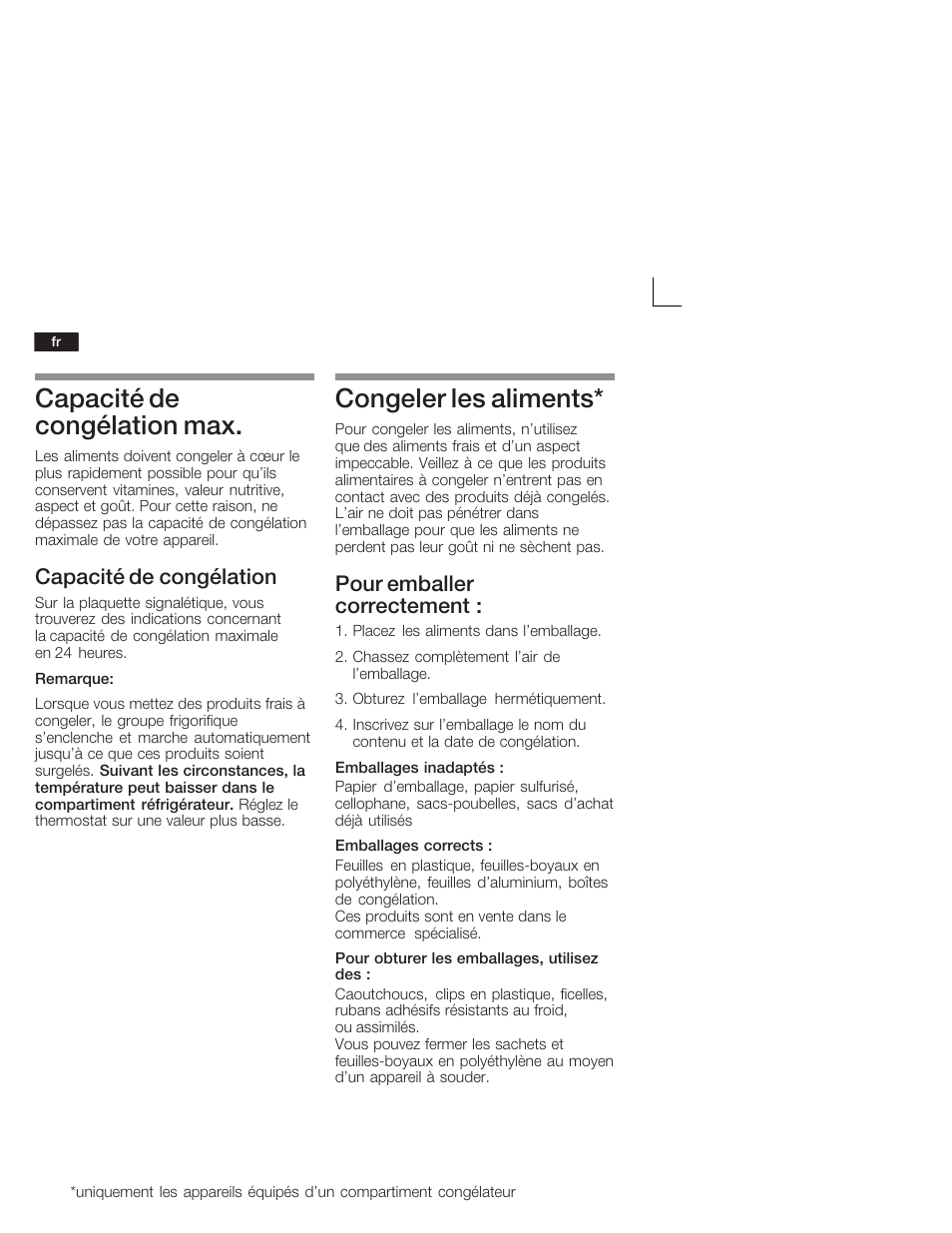 Capacité de congélation max, Congeler les aliments, Capacité de congélation | Pour emballer correctement | Neff K1555X8 User Manual | Page 36 / 74