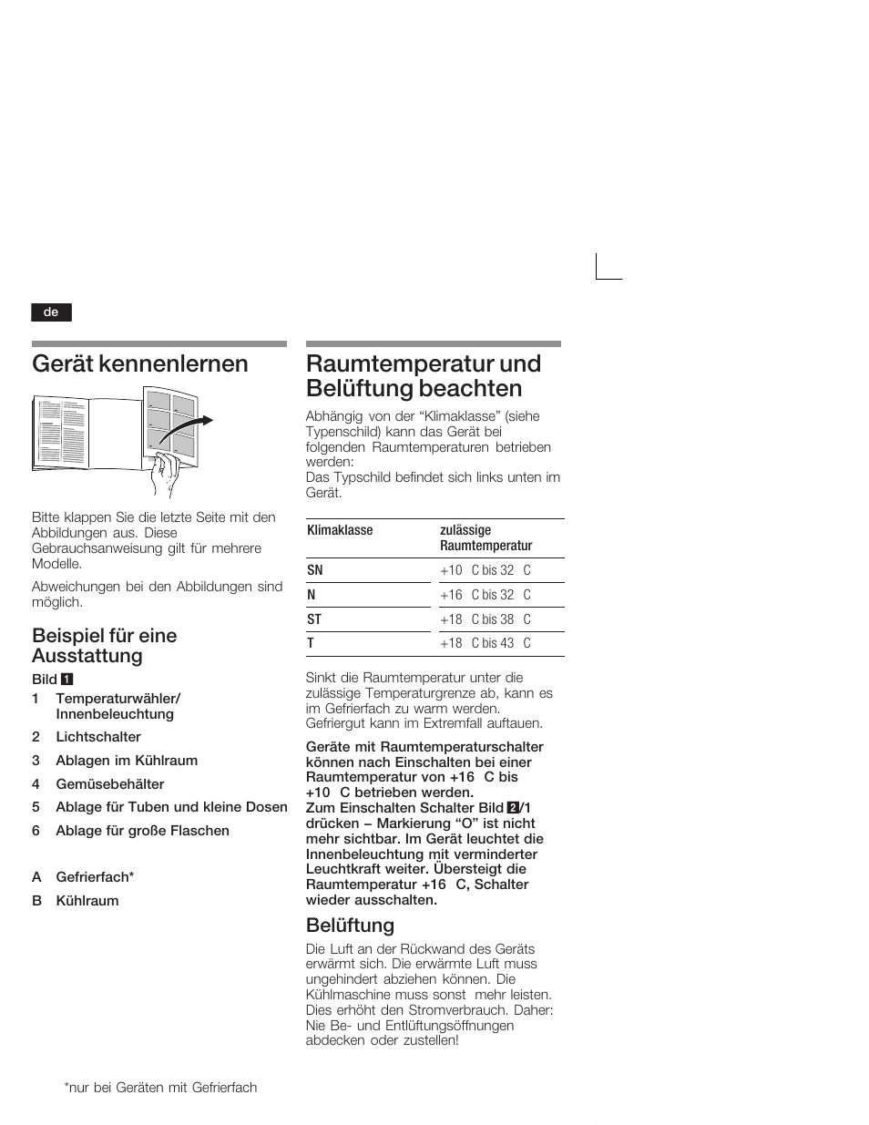 Gerät kennenlernen, Raumtemperatur und belüftung beachten, Beispiel für eine ausstattung | Belüftung | Neff K1555X8 User Manual | Page 6 / 74