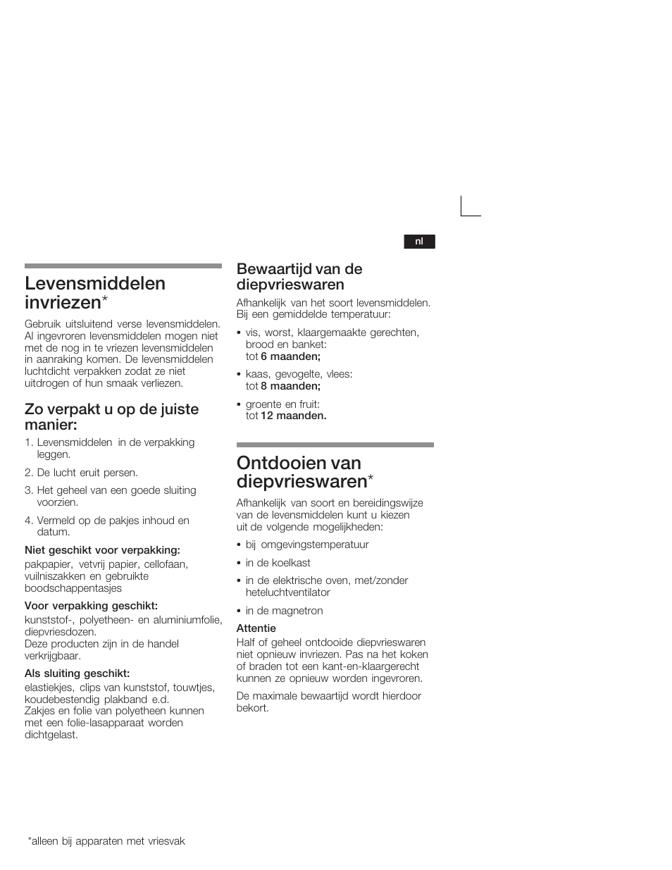 Levensmiddelen invriezen, Ontdooien van diepvrieswaren, Zo verpakt u op de juiste manier | Bewaartijd van de diepvrieswaren | Neff K1555X8 User Manual | Page 65 / 74