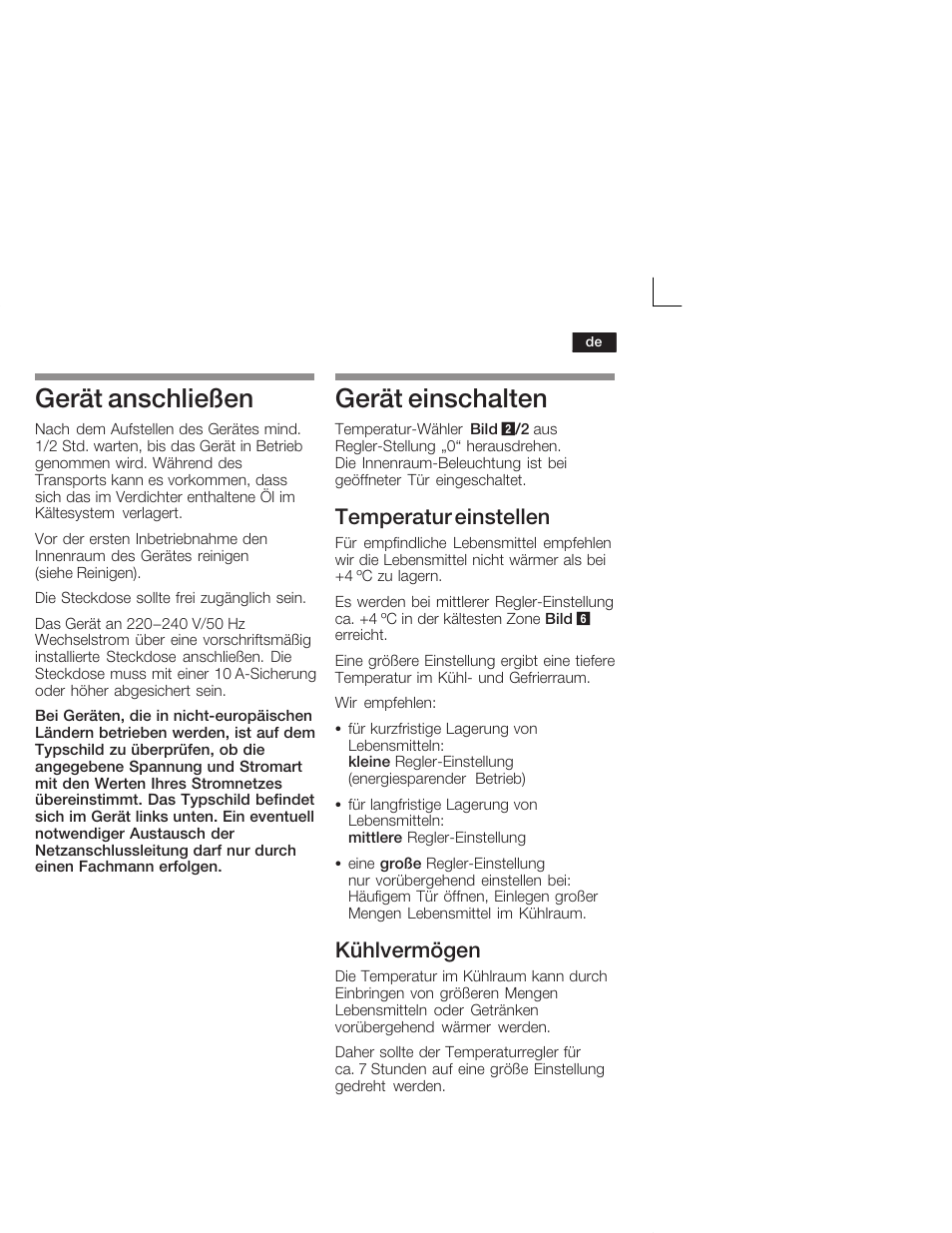 Gerät anschließen, Gerät einschalten, Temperatur einstellen | Kühlvermögen | Neff K1555X8 User Manual | Page 7 / 74