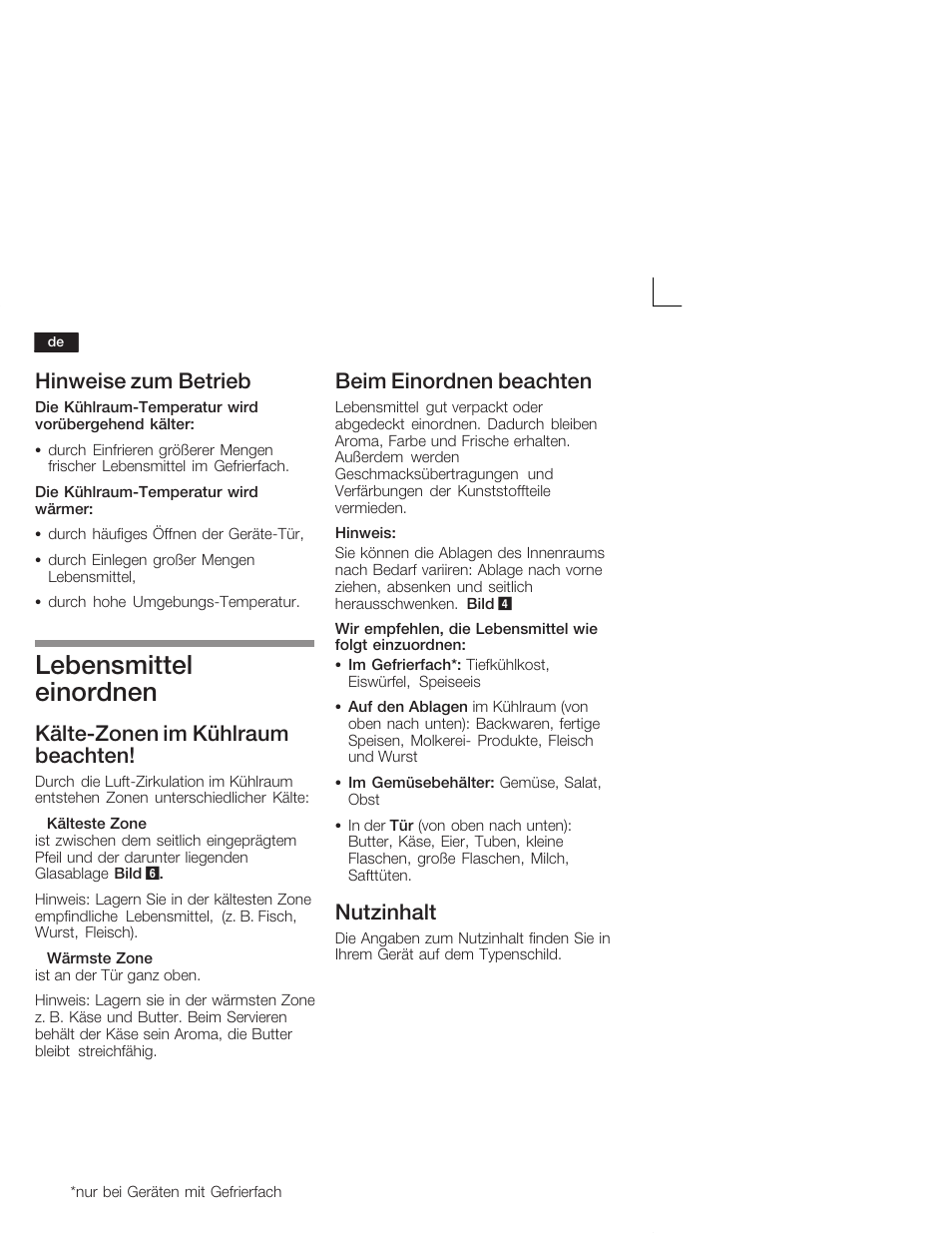 Lebensmittel einordnen, Hinweise zum betrieb, Kältećzonen im kühlraum beachten | Beim einordnen beachten, Nutzinhalt | Neff K1555X8 User Manual | Page 8 / 74