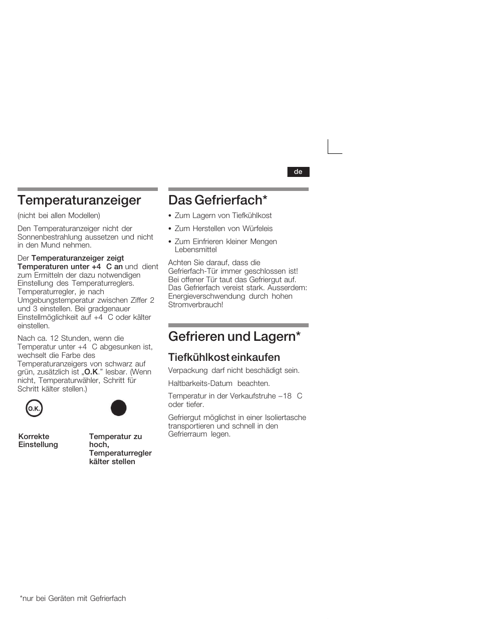 Temperaturanzeiger, Das gefrierfach, Gefrieren und lagern | Tiefkühlkost einkaufen | Neff K1555X8 User Manual | Page 9 / 74