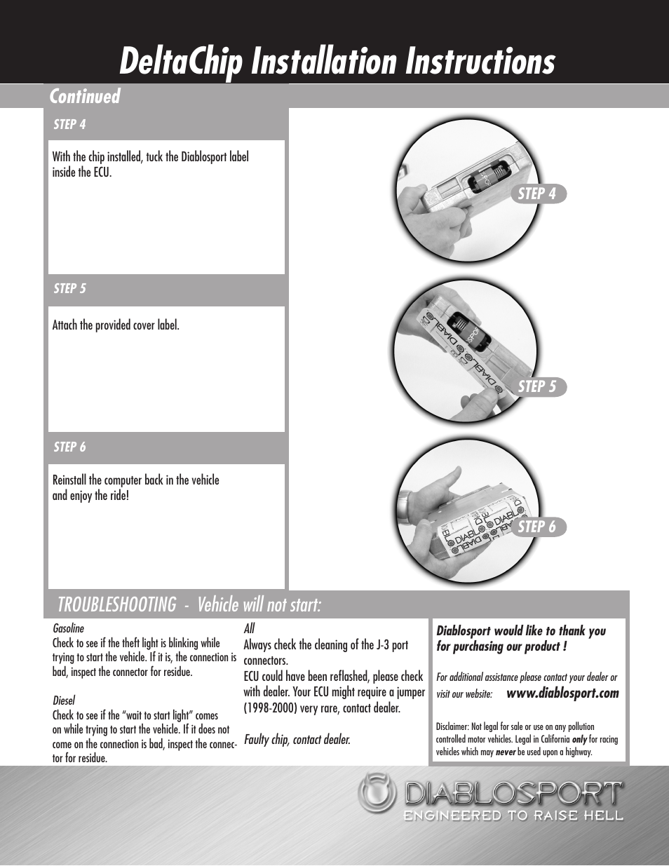 Deltachip installation instructions, Continued, Troubleshooting - vehicle will not start | DiabloSport DeltaChip Installation User Manual | Page 3 / 3