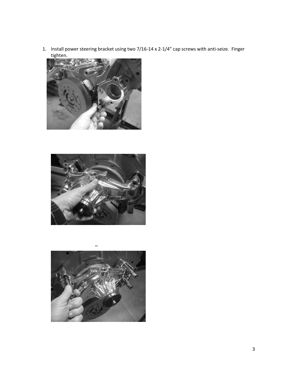 Install power steering bracket, Install water pump and spacer posts | Eddie Motorsports MS107-50 User Manual | Page 3 / 10
