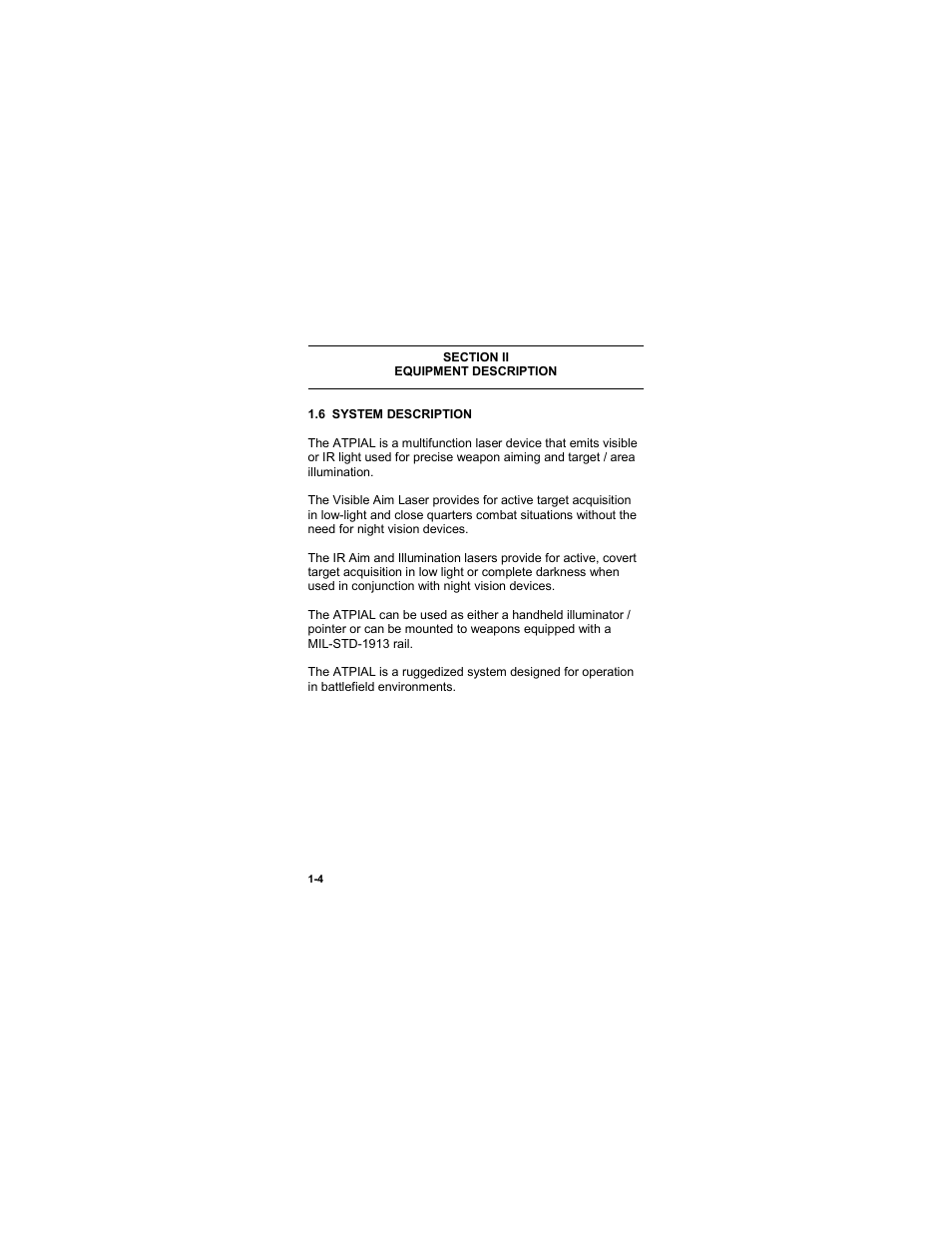 Section ii, Equipment description, 6 system description | Section ii -4, Equipment description -4, 6 system description -4 | EOTech ATPIAL (AN/PEQ-15) - ADVANCED TARGET POINTER ILLUMINATOR AIMING LIGHT User Manual | Page 16 / 70