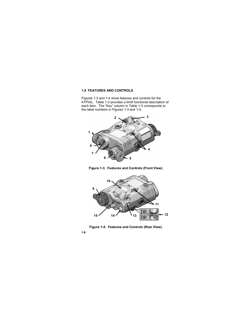 9 features and controls, 9 features and controls -8, Figure 1-3. features and controls (front view) | Figure 1-4. features and controls (rear view) | EOTech ATPIAL (AN/PEQ-15) - ADVANCED TARGET POINTER ILLUMINATOR AIMING LIGHT User Manual | Page 20 / 70