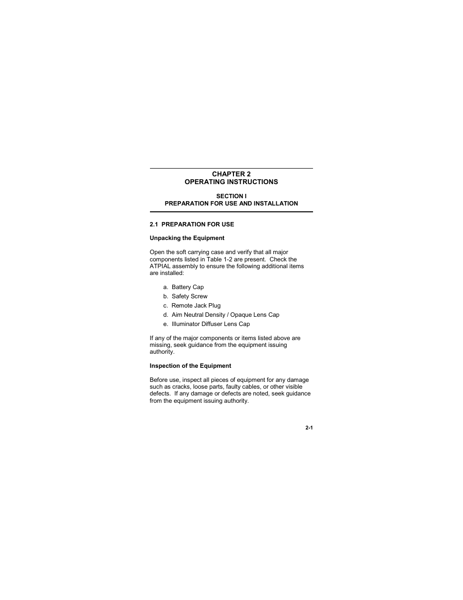 Operating instructions, Section i, Preparation for use and installation | 1 preparation for use, Chapter 2 -1, Operating instructions -1, Section i -1, Preparation for use and installation -1, 1 preparation for use -1 | EOTech ATPIAL (AN/PEQ-15) - ADVANCED TARGET POINTER ILLUMINATOR AIMING LIGHT User Manual | Page 23 / 70