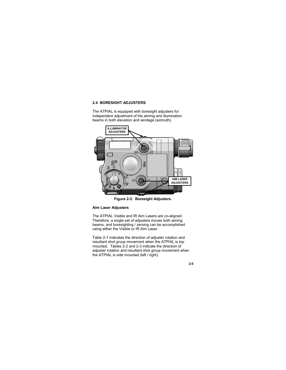 4 boresight adjusters, 4 boresight adjusters -5, Figure 2-3. boresight adjusters | EOTech ATPIAL (AN/PEQ-15) - ADVANCED TARGET POINTER ILLUMINATOR AIMING LIGHT User Manual | Page 27 / 70