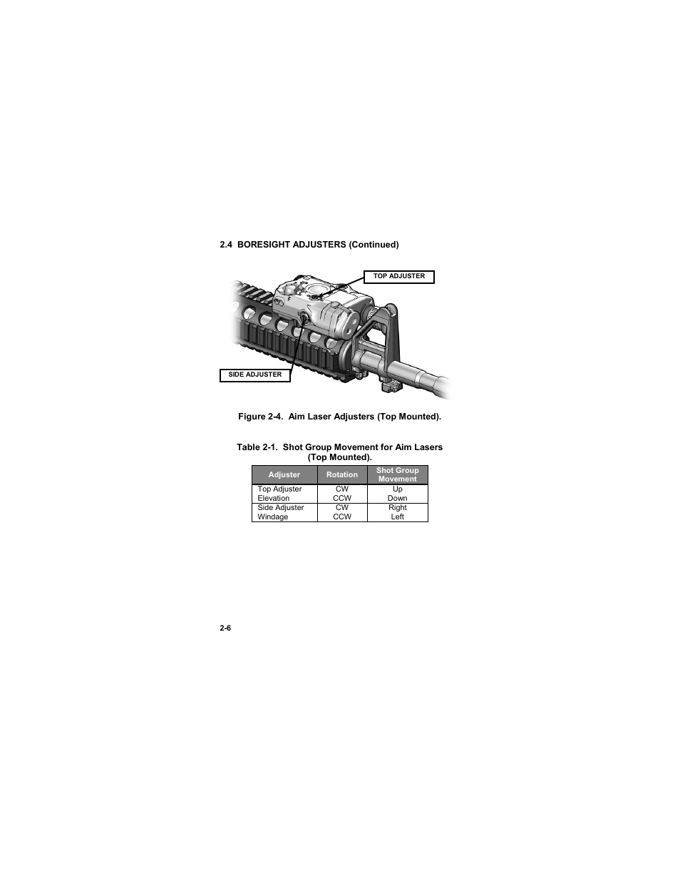 Figure 2-4. aim laser adjusters (top mounted), Table 2-1. shot group movement for aim lasers | EOTech ATPIAL (AN/PEQ-15) - ADVANCED TARGET POINTER ILLUMINATOR AIMING LIGHT User Manual | Page 28 / 70