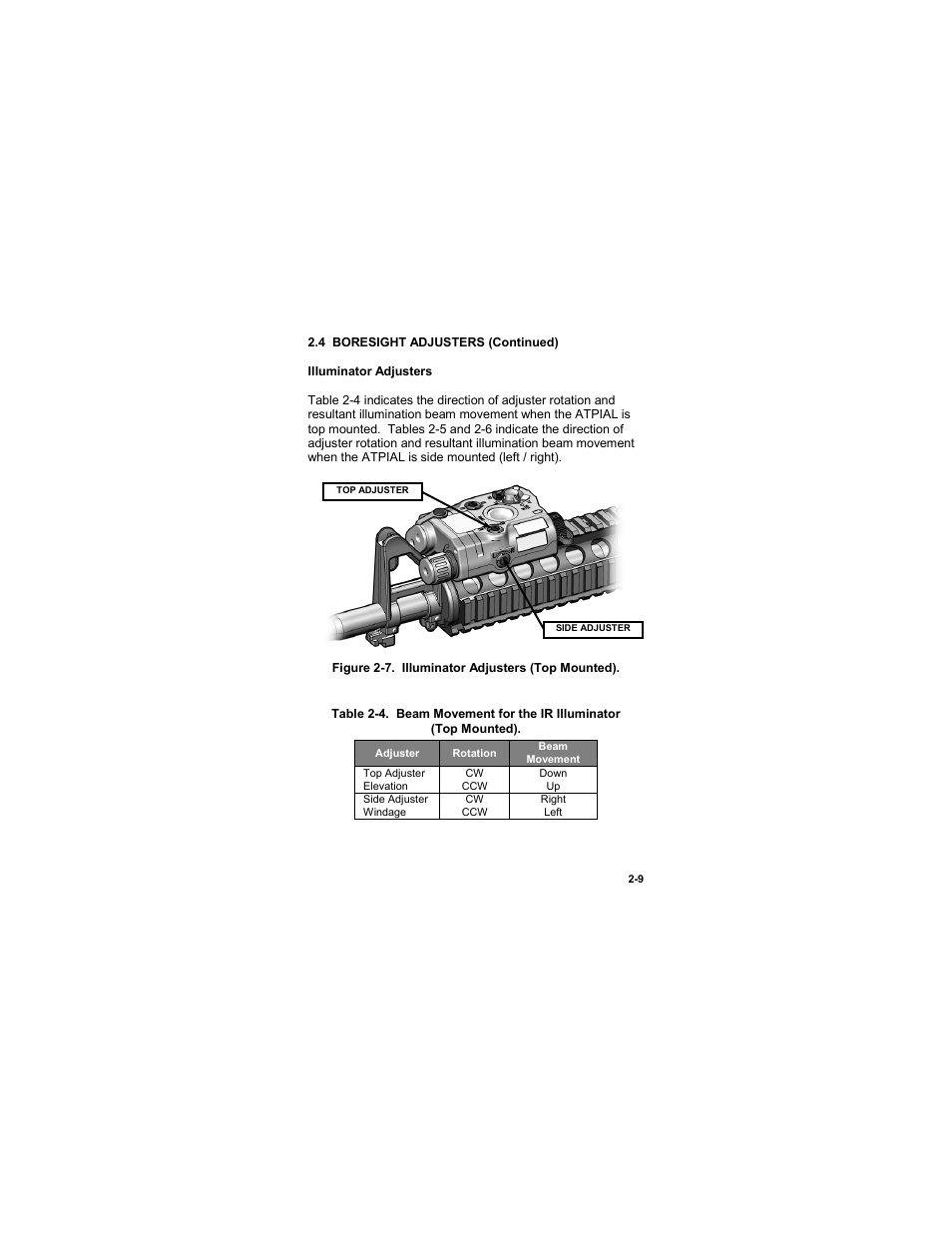 Figure 2-7. illuminator adjusters (top mounted), Table 2-4. beam movement for the ir illuminator | EOTech ATPIAL (AN/PEQ-15) - ADVANCED TARGET POINTER ILLUMINATOR AIMING LIGHT User Manual | Page 31 / 70